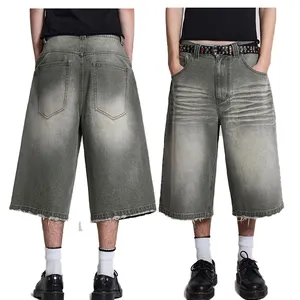 Custom Logo Loose Denim Jorts Men 100% Cotton Hem Distressed Short Jeans Retro Distressed Mint Green Straight Jeans Shorts Baggy