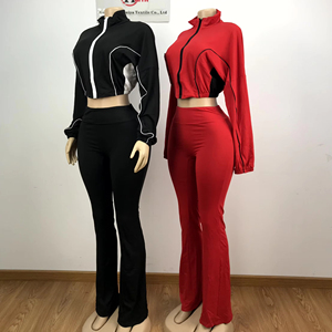 Set di abbigliamento da donna in due pezzi personalizzato <span class=keywords><strong>pantaloni</strong></span> a zampa d'autunno e maglietta corta con gamba larga a gamba lunga per donna - Product Image 2