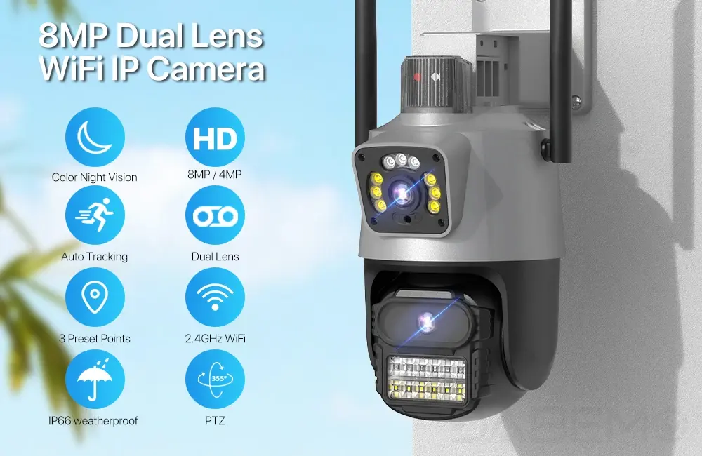 ICSEE Camera 4K 8MP Outdoor Dual Lens Wireless PTZ Waterproof Security CCTV With Warning Light Camara de Seguridad Wifi