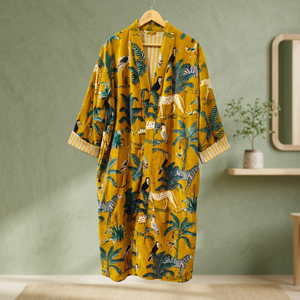 Robe longue Kinono pour femme, imprimé animal jaune, manches trois quarts, en velours, pour l'hiver et l'été - Product Image 4