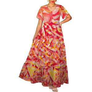 ชุดเดรสยาวพิมพ์ลายชนเผ่าโพลีนีเซียนแบบไท-ได ดิจิตอลพิมพ์ลาย คอวี เอวสูง แขนสั้น ทรงหลวม สไตล์ลำลองสำหรับฤดูร้อน - Product Image 1