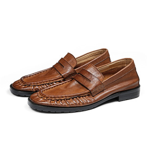 Retro British style leather shoes for men, flat heel, loafers for men, <b>washed</b> canvas leather, lightweight, single shoes - Product Image 3