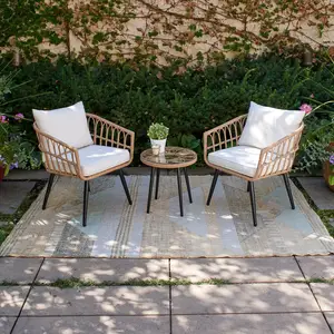 Conjunto de muebles de comedor con cojines de lino, mesa y sillas de 3 piezas modernas de mimbre para jardín, Patio y sala de estar
