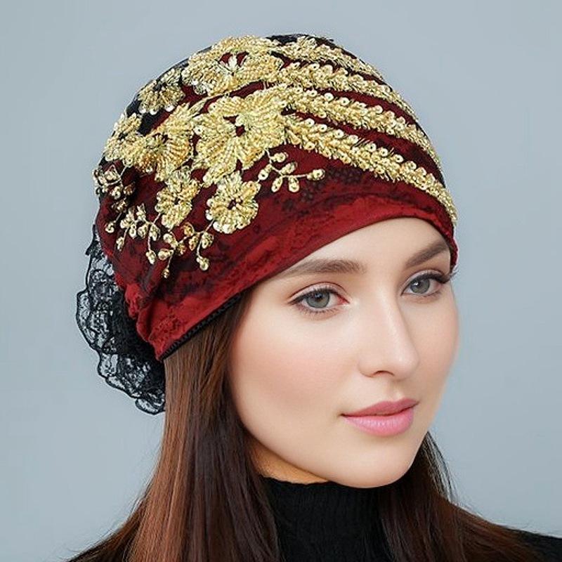 HZM-24029 Fashion Design Multifunctional Bandanas Pearl Mesh Head Scarf  Knotted Muslim Hijab Turban Cap for Women