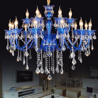 Lampu Kristal Maria Teresa Gaya Eropa untuk Ruang Tamu Kamar Tidur, Lampu Gantung Kaca Modern Biru dengan Tempat Lilin LED yang Dapat Diredupkan