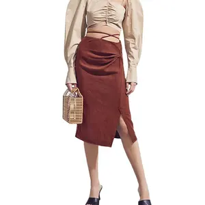 シックなイングランドスタイルのエレガントなブラウンスカートカジュアルウェア2021オフィスワーク女性ミディスカート女性ハイウエストレディーススカート