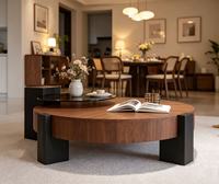 Meja Kopi Kayu Bulat Modern dengan Penyimpanan, Rangka Logam, Furnitur Ruang Tamu Serbaguna