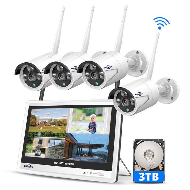 Hiseeu 3MP Wifi IP Camera Kits NVR 10CH Wireless NVR Kits 12' LCD Display 1536P HD Surveillance Wifi Cctv Camera System
