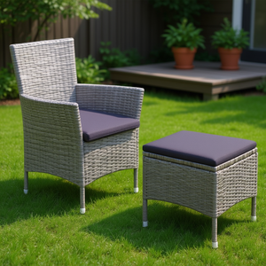 Poly Rattan Patio <b>Chair</b> <b>And</b> <b>Stool</b> With Cushions Gray Garden Set Outdoor Furniture Contemporary Design - Product Image 2