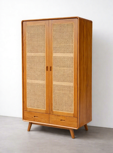 Midcentury Modern 2 Door Rattan Cane <b>Wardrobe</b> with 2 <b>Drawers</b> Solid Wood Freestanding Bedroom Armoire - Product Image 4