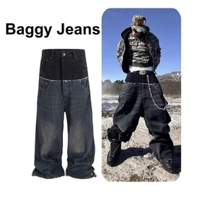 Vaqueros unisex personalizados de doble cintura, estilo urbano holgado con lavado ácido, efecto desgastado y pierna ancha para hombre y mujer con bordado. - Product Image 2