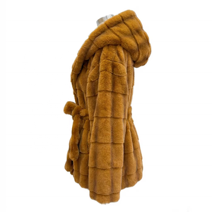 <span class=keywords><strong>Cappotto</strong></span> Invernale da <span class=keywords><strong>Donna</strong></span> Zeyu Luxury in Finta Pelliccia Ecologica <span class=keywords><strong>Giallo</strong></span> Senape Intrecciato Monopetto con Cappuccio Morbido e Peluche, con Cintura in Vita - Product Image 5