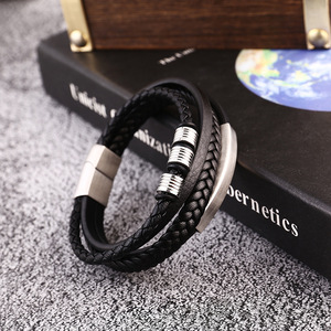 High Quality Men's Stainless Steel Magnet Buckle <b>Bracelet</b> Classic Black Genuine <b>Leather</b> Bohemia Style for Gift - Product Image 4
