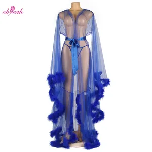 Ohyeah Fashion Transparent Long Nightgown Lingerie Wholesale Price New Style Mesh Women Sexy Lingerie Robe With Fur