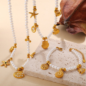 European American Seaside Resort Style Seashell Starfish Faux Pearl Necklace <b>Bracelet</b> <b>Set</b> Women's Party Jewelry - Product Image 2