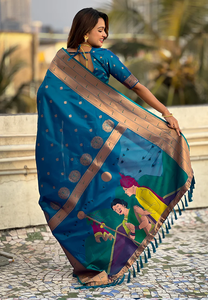 Sari de Seda Paithani Azul de Lujo con Motivos de Zari y Bordes Étnicos, Perfecto para Festivales y Celebraciones - Product Image 6