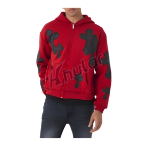 Sweat à capuche rouge avec impression bouffante et broderie personnalisée de haute qualité pour hommes vente en gros pour la saison d'hiver - Product Image 1