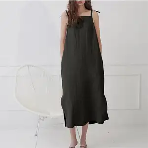 Black Square Neck Midi A-line Halter Sleeveless Loose Dresses Solid Color Women 100% Pure Linen Casual Dress Summer With Pockets