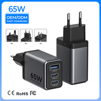 Chargeur rapide USB C PD compact en aluminium GaN 65W à 3 ports, directement de l'usine, avec OTP et OCP, pour ordinateur portable et tablette, prise EU, UK, US
