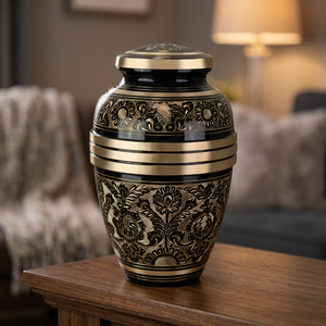 Urna Clásica de Metal Negro con Diseño Floral Dorado, Hecha a Mano, Cilíndrica, Regalo de Condolencias, Estilo Tradicional - Product Image 1