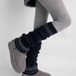 Korean Style Fair Isle Leg Warmers Dark Gray Cotton Knit Winter Calf Warmers - Product Image 1