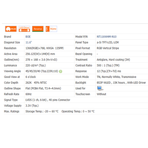 NT116WHM-N10/11/12ใหม่ไม่มี11.6สัมผัส "16:9แล็ปท็อปหน้าจอแอลซีดีโมดูล1366*768 WLED EDP <span class=keywords><strong>40</strong></span> Pins 67% sRGB 235g <span class=keywords><strong>40</strong></span>ชิ้น/กล่อง - Product Image 5