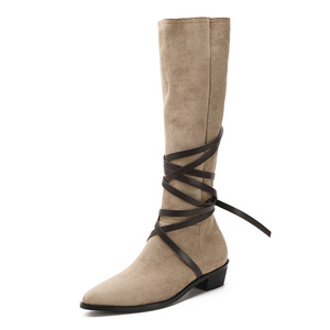 Bottes mi-mollet rétro à lacets pour femme, style western, bout pointu, nouvelle collection automne, talon moyen, design rehaussant la silhouette - Product Image 4