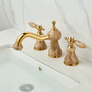 <span class=keywords><strong>Filet</strong></span> à café européen en laiton or rose pierre de jade vert jaune jade trois trous séparés robinets de lavabo à trois trous - Product Image 3