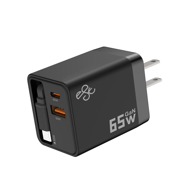 Portable 65W GaN Fast Charger with Retractable Cable Dual USB-C PD Charger for iPhone 15/16, Samsung Universal Travel Adapter