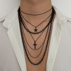 Juego de 2 Collares de Cadena Larga con Colgante de Cruz/Estrella de Varias Capas Estilo Hip Hop para Hombre, Accesorios de Moda Punk para Uso Diario, Regalo de Joyería - Product Image 1