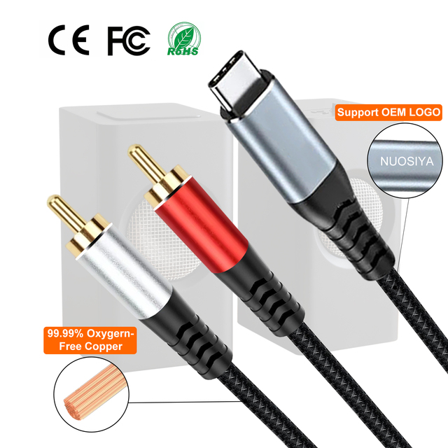 2026 Factory ODM Type C to Dual RCA Audio Cable Car Stereo Speaker Nylon Braided USB C 2RCA Male Adapter Polybag Pack Male-Male