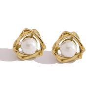 Boucles d'oreilles en acier inoxydable plaqué or 18 carats avec perles pour femme, monture carrée irrégulière, style vintage, délicates, cadeau de fête, vente en gros, OEM
