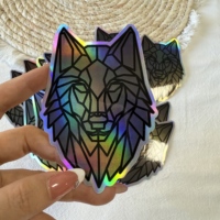 Autocollant d'étiquette découpé en matériau hologramme brillant à motif de tête de loup de style géométrique personnalisé