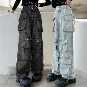 2024 New Fashion Children Girls Black Cargo Jeans Washed Blue Denim Pants 5-15 Years