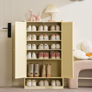 Cream Colored Bamboo <b>Shoe</b> Cabinet Double Door Modern Wabi Sabi Style Space Saving <b>Storage</b> For Home Entryway - Product Image 3