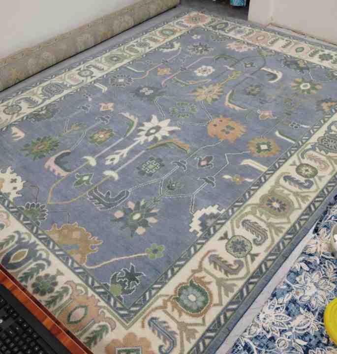 Best Customizable 9x12 Blue Beige Knotted Handmade Oushak Rug Vintage Turkish Area Rug for Teen Living Room for Home Use