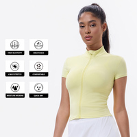 Serré 80% Nylon 20% Spandex col haut T-Shirt à glissière mince haut extensible haut court femmes sport Fitness Yoga manches courtes veste