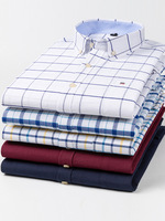 Kemeja Kancing Depan, Pria 100% Katun Oxford Motif Kotak-kotak, Kemeja Lengan Panjang Ukuran Besar untuk Kantor, Santai Sehari-hari