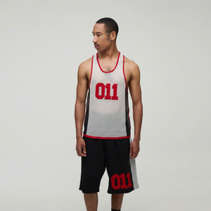 Men's Basketball Jersey Set White Red 011 <b>Mesh</b> Breathable Sporty Summer Knitted V-Neck Tank <b>Top</b> Shorts Digital Printed OEM - Product Image 1