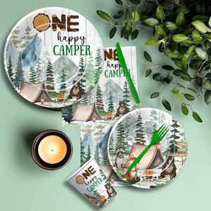 One Happy Camper 183-Piece Modern Birthday Party Supplies Includes Plates Napkins Cups Goodie Bags <b>Tablecloth</b> Banner Cutlery - Product Image 1