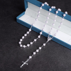 Collier Chapelet Catholique Religieux avec Perles en Verre Imitation Perle 8mm et Crucifix, Bijou <span class=keywords><strong>de</strong></span> <span class=keywords><strong>Prière</strong></span>, Cadeau - Product Image 6