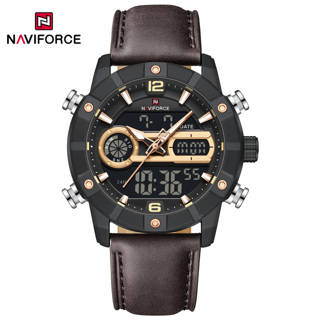 Custom Logo NAVIFORCE 9263 Luxury Genuine Leather Strap Men Fashion Electronic Clock Sports Dual Quartz Digital Watch