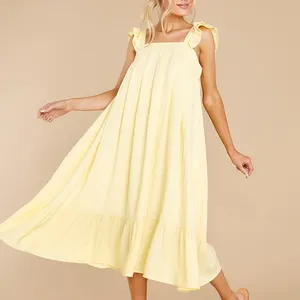 Factory Outlet Summer Rayon Dress Ruffle Sleeves Button-Down Back And Gathered Hem Sunshine Yellow Midi Dress