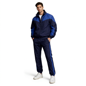 Unisex Color Blocking Waterproof Tracksuit Set Navy Blue Full <b>Zip</b> Sporty <b>Joggers</b> Side <b>Pockets</b> Breathable Polyester Autumn Wear - Product Image 1