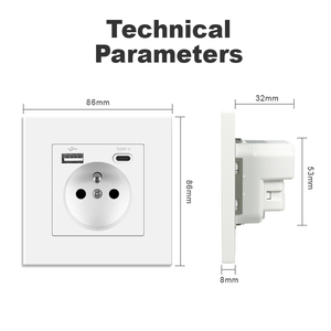 Enchufe <span class=keywords><strong>de</strong></span> pared francés estándar blanco 16A francés USB tipo C carga rápida elegante 86*86 PC Material toma <span class=keywords><strong>de</strong></span> corriente uso doméstico 250V Max - Product Image 2