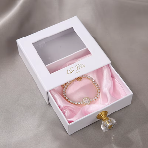 Good Quality Custom Your Own logo Paper <b>Box</b> Clear Window Simple pink White Jewelry Packaging <b>Drawer</b> <b>Box</b> with Stone Handle - Product Image 5