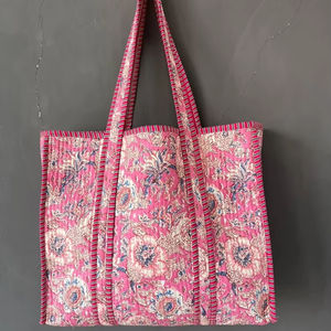 Bolso de Mano Acolchado de Algodón con Estampado de Bloques, Multiusos, para Oficina, Mercado, Salidas Informales, Viajes - Product Image 1