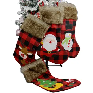 18 Inch Large Faux Fur Xmas Socks Plush Burlap Plaid Hanging Christmas Stockings With Cuff