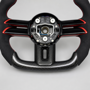 Volante de fibra de carbono brillante con empuñaduras negras, marcador superior rojo, botones <span class=keywords><strong>SC</strong></span> y levas de cambio de fibra de carbono para 992 982 - Product Image 3