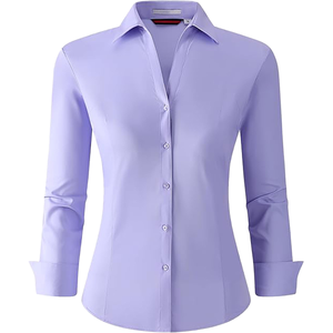 Camisa de Mujer Estilo Vintage, Tejida, con Botones, Manga Larga, Corte Regular, Formal, para Oficina, en Azul Sólido - Product Image 1